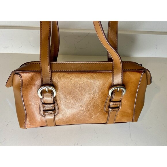 Vintage Merona Brown Faux Leather Shoulder Bag Purse Tote Handbag Buckle Accents - Picture 1 of 7